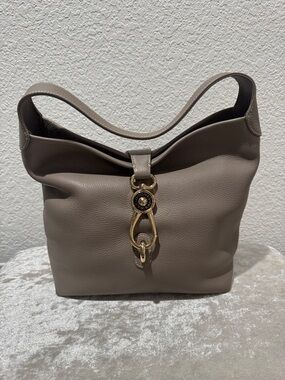Dooney and Bourke Lock Hobo, Taupe Leather Shoulder Bag with Gold Hardware